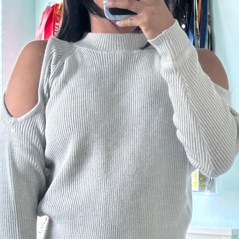 Gray Open Shoulder Knit Sweater